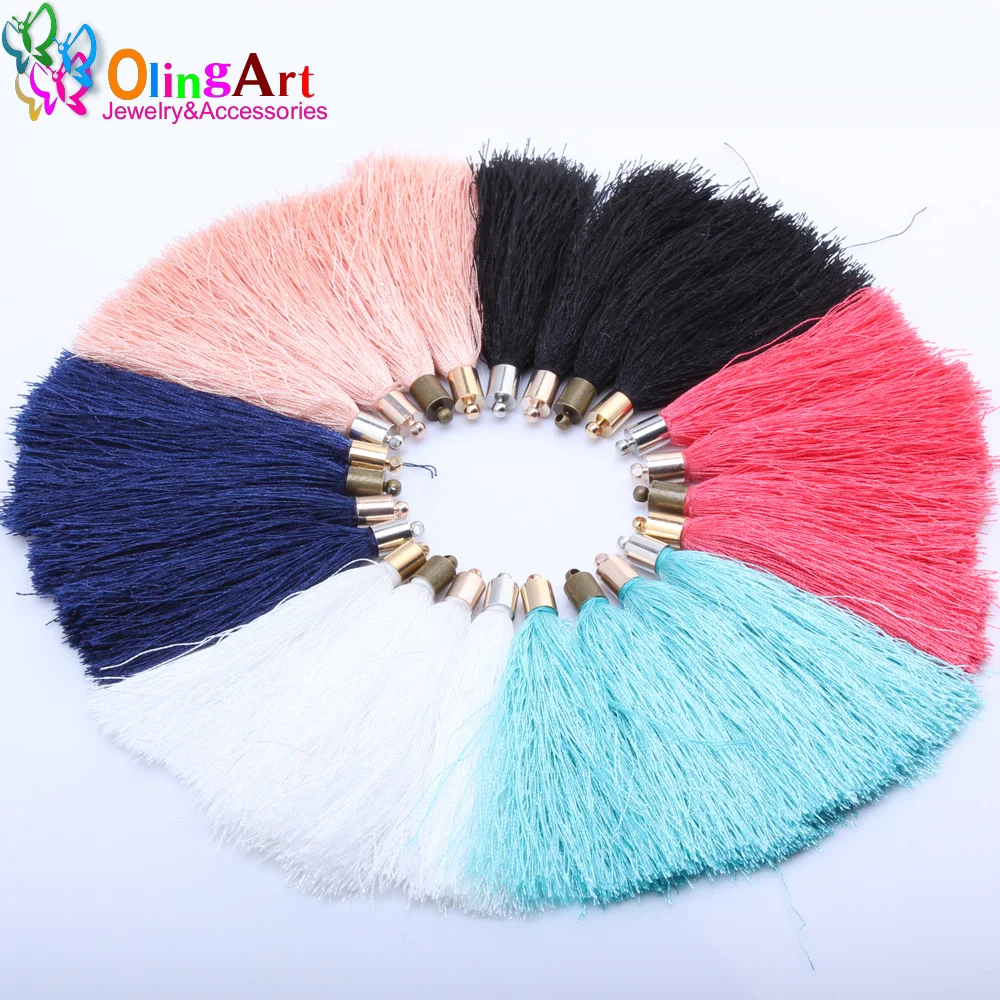 

OlingArt 65mm 8pcs/lot 4 colors cap mixed nylon silk tassels DIY Necklace Earrings Jewelry making keychain Pendant New