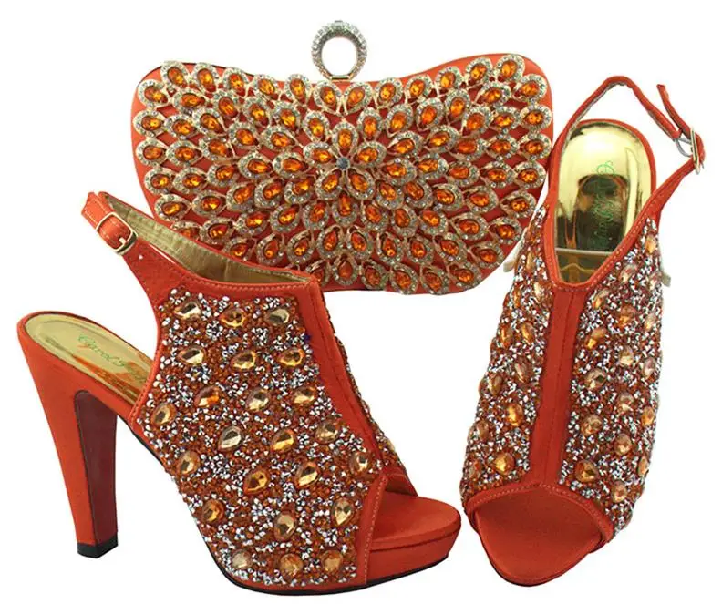 

Women Shoes and Bag Set In Italy coral Color Italian shoes and bags to match Decorated with Rhinestone Nigerian Wedding QSL005