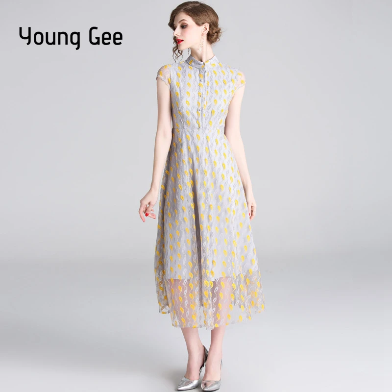 Young Gee мандарин кружевное платье с вышивкой Vestidos до середины икры тонкие вечерние