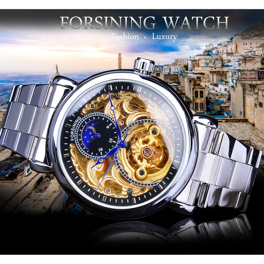 Forsining 2019 Royal Moon Phase золотые прозрачные часы мужские автоматические топ бренд