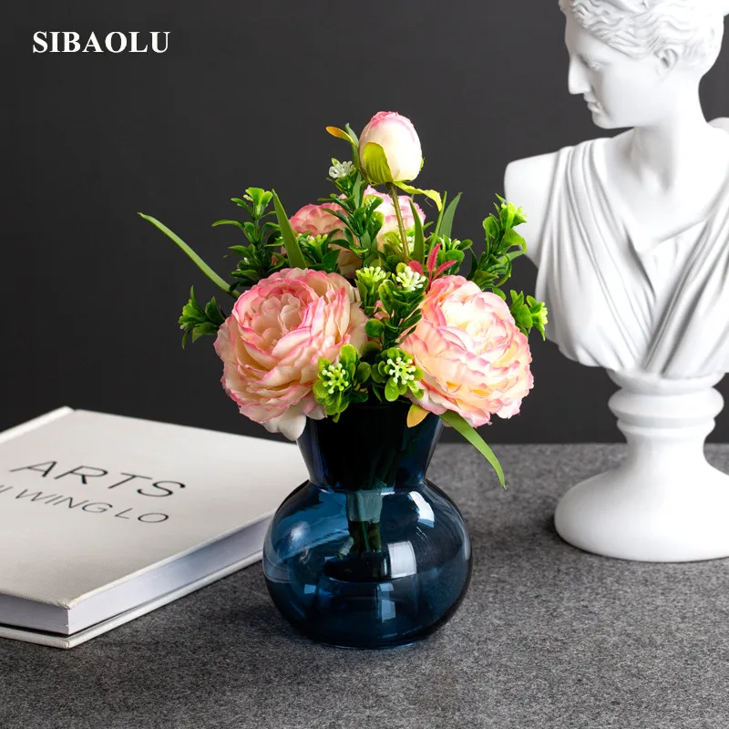 INS синяя стеклянная ваза Террариум Бутылка Контейнер цветок домашний декор стола