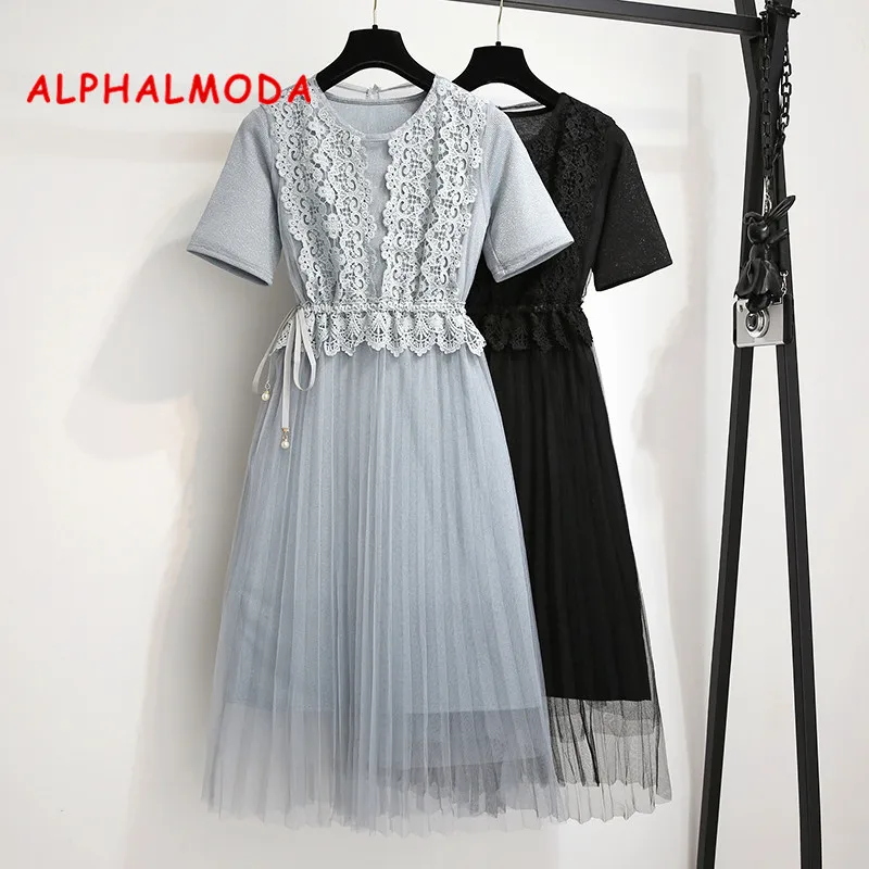 ALPHALMODA/2019 летнее женское изящное кружевное платье + длинная футболка комплект из 2