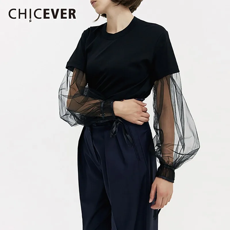 CHICEVER сетчатые Лоскутные перспективные топы, футболка для женщин с круглым вырезом и длинным рукавом, женские футболки, модные новые осенние