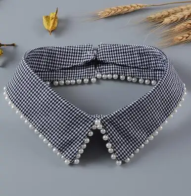

Women's Korean Fashion pearl beaded shirt fake collar lady's plaid checked Ties & Detachable Collar R770