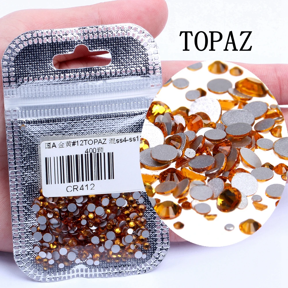 12 TOPAZ 400 шт, 60 цветов, разные размеры, ss4-ss12, для дизайна ногтей, не горячей фиксации, хрустальные стразы, сделай сам, плоские с оборота, 3D стеклянные украшения для ногтей, стразы - Цвет: 12 TOPAZ