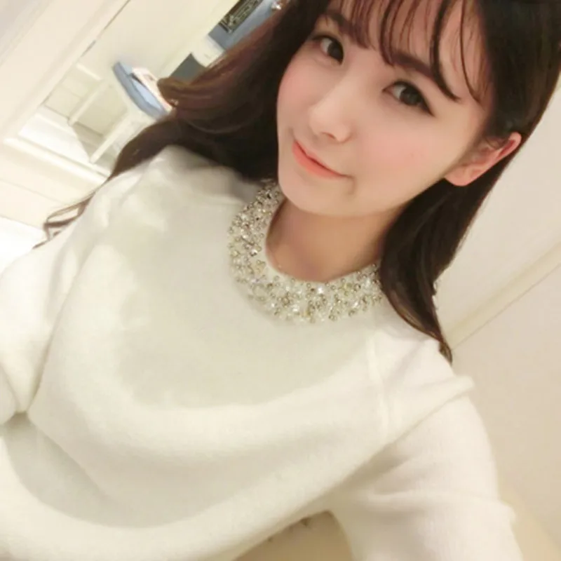 2018 Модный женский свитер с бусинами и круглым вырезом однотонный Повседневный