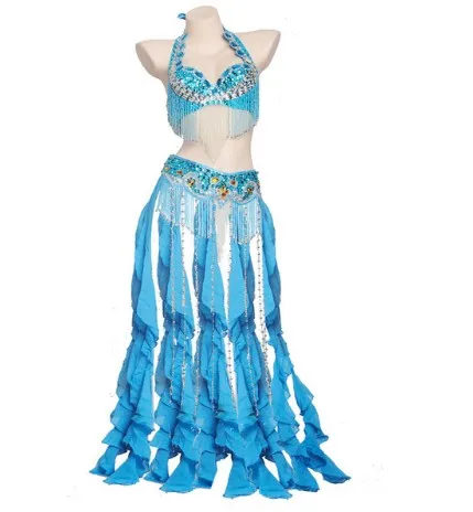 Light Blue Женская одежда для занятий Танцем Живота Восточный стиль бисером топ и пояс 2 шт набор костюмов набор костюма для танца живота - Цвет: Light Blue