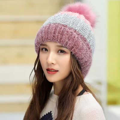 Purplish skin Ymsaid,, зимняя утолщенная теплая шапка Skullies для женщин, шерстяные вязаные шапочки, шапка в стиле пэчворк, модный головной убор - Цвет: Purplish skin