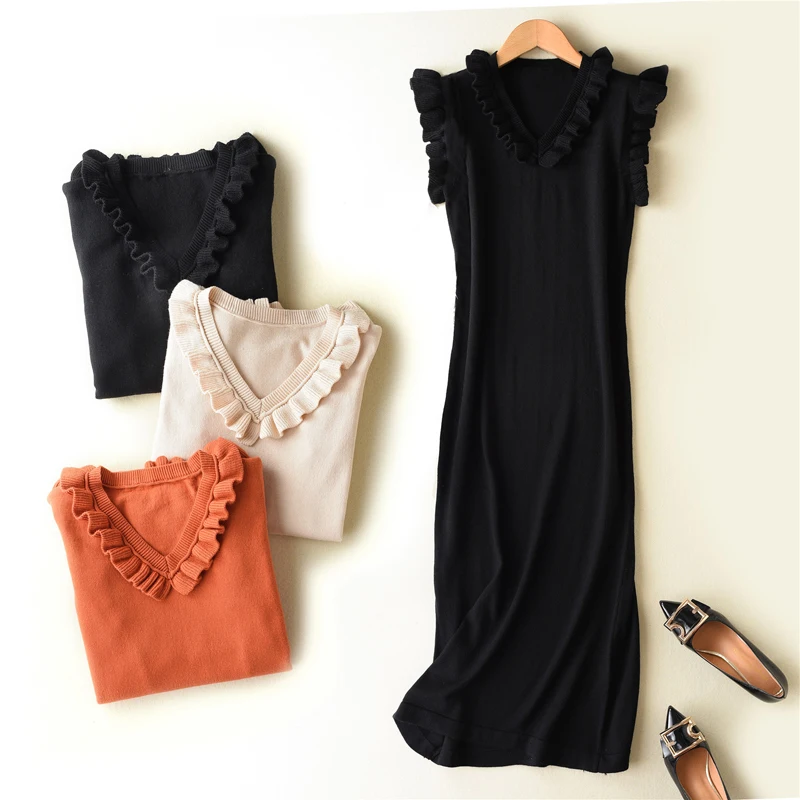 Women Sweater Dress Spring Autumn Cashmere Blending Ruffled V-Neck Frilled Tank Sleeveless Dresses Knit Pullover | Женская одежда