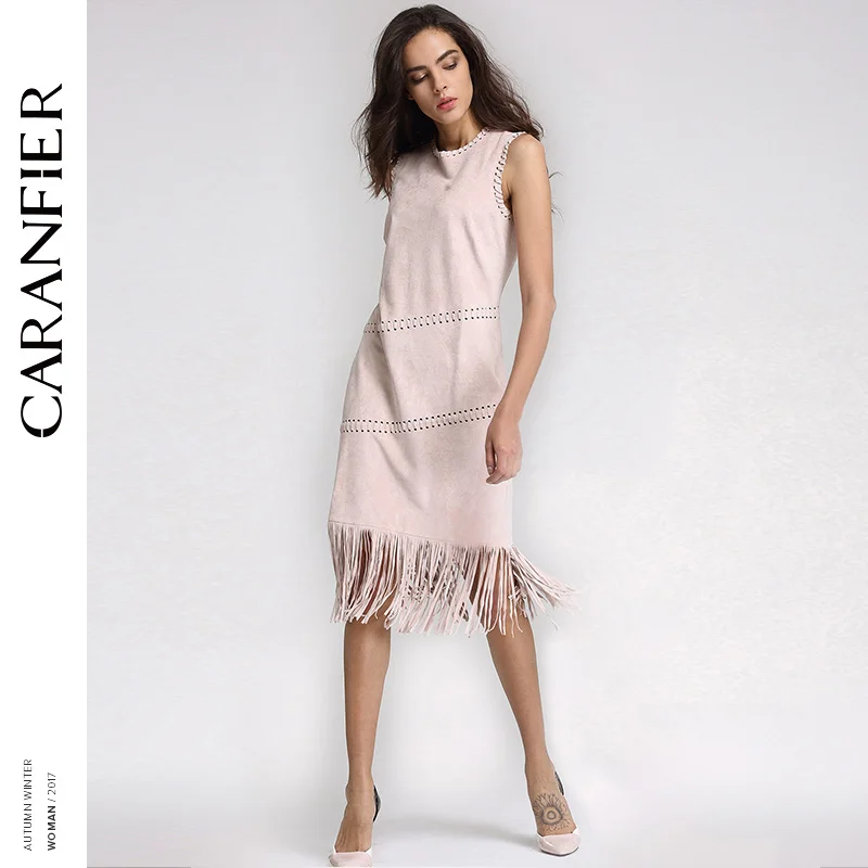 CARANFIER/осеннее женское сексуальное замшевое длинное платье с кисточками вырезами