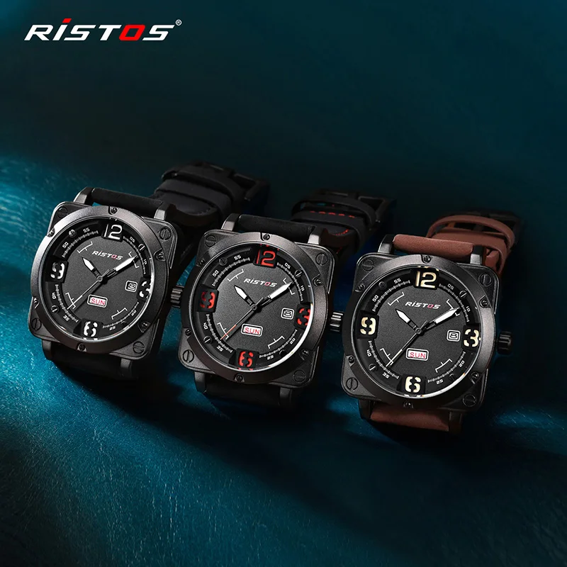 RISTOS Мужские кварцевые военные часы Экстремальные виды спорта натуральная кожа