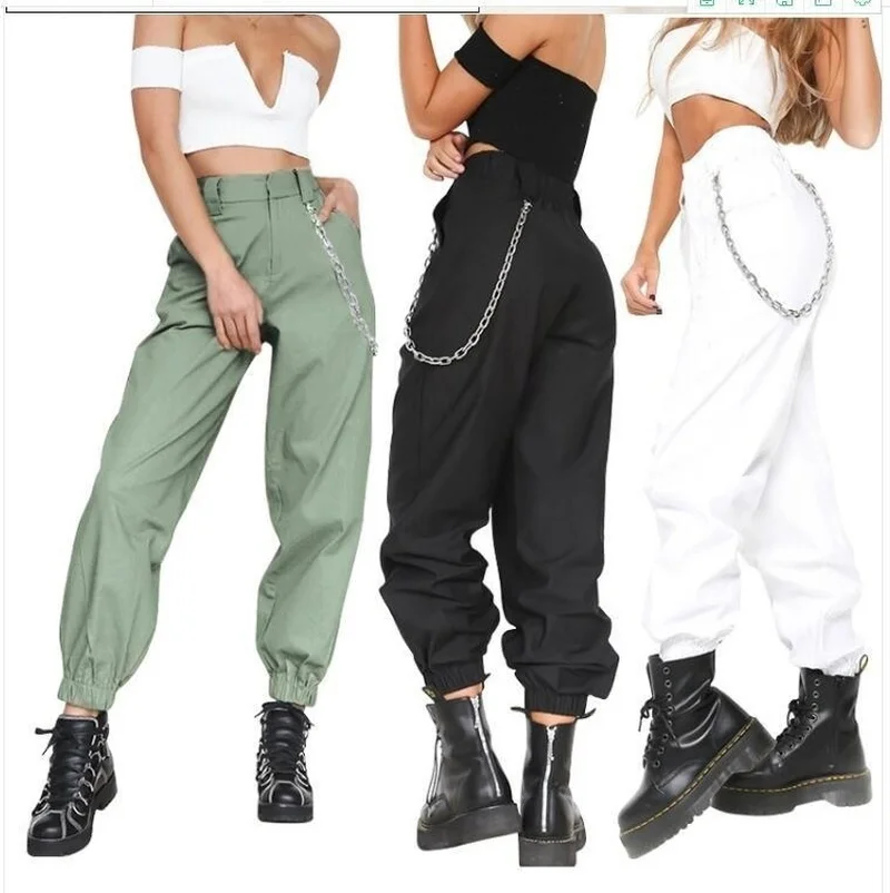 Women Hip Hop Cargo Pants Casual Wide Leg High Waist Solid Loose Army Trousers Female Chain Streetwear 2019 HOT | Женская одежда