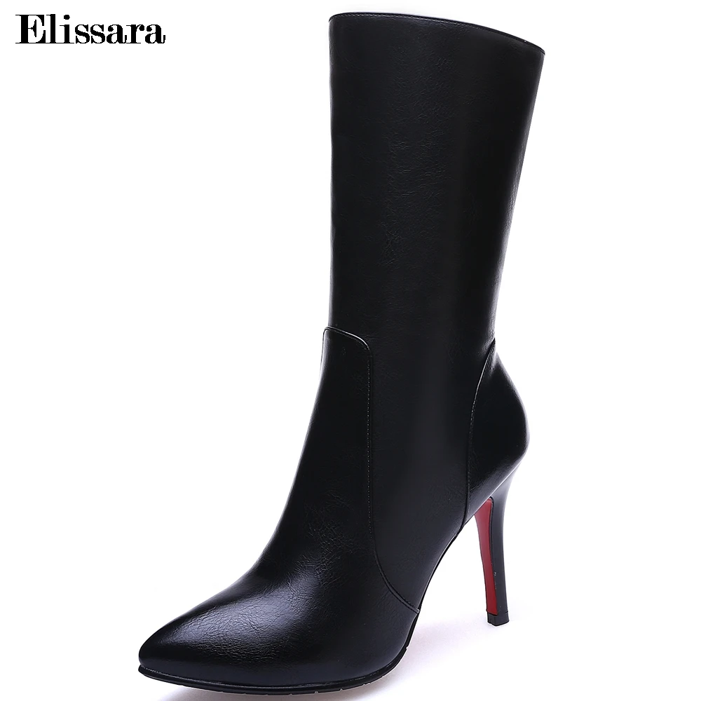 Elissara Women Genuine Leather Boots Shoes High Heel Mid Calf Fashion Zip Pointed Toe Plus Size 34-42 | Обувь