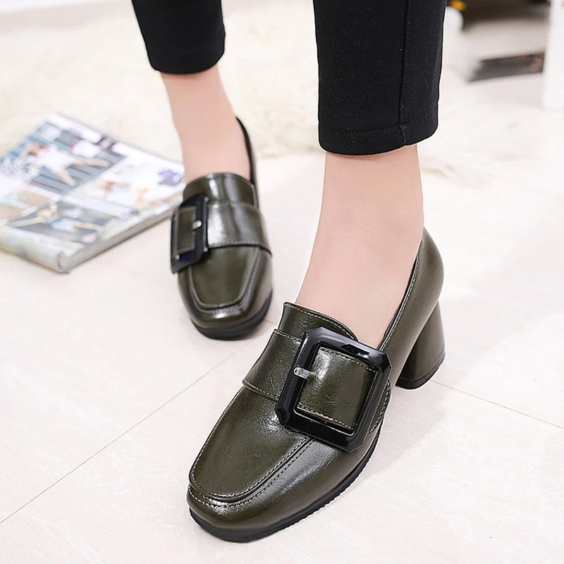 The spring of 2017 new British style square thick shoes buckle with documentary girls shoe side deep all-match High-heeled | Обувь