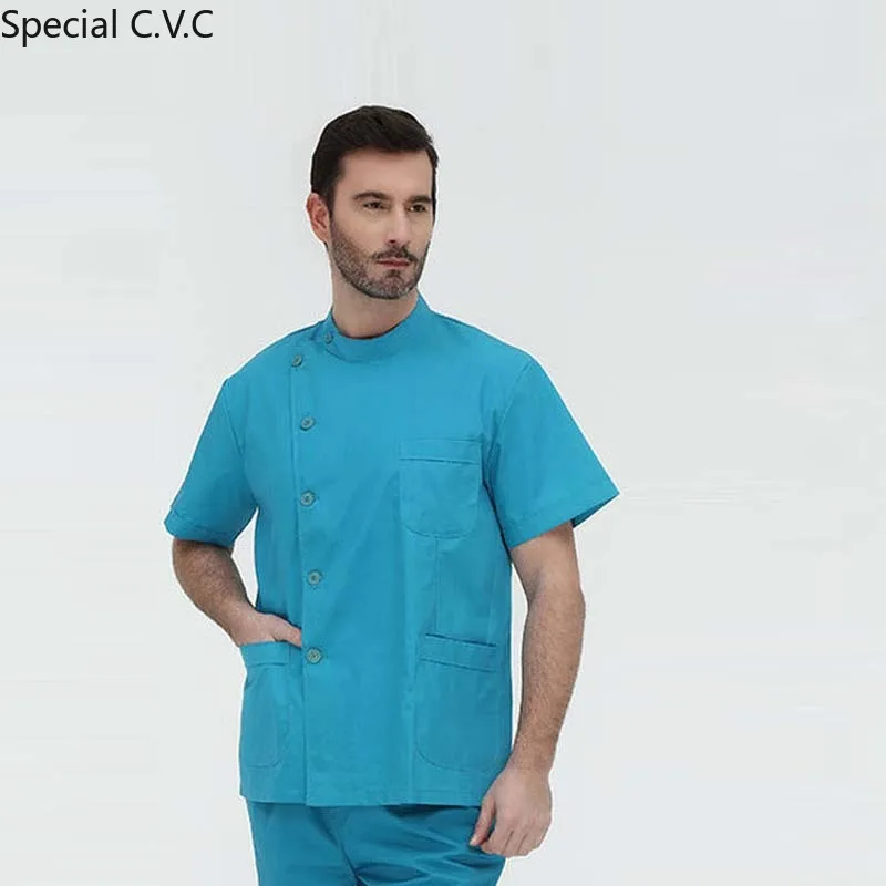 

Men's Medical Uniforms Fashion Side Opening Scrub Top with Seven Buttons+Pants Nursing Uniform Workwear Short Sleeve/Long Sleeve