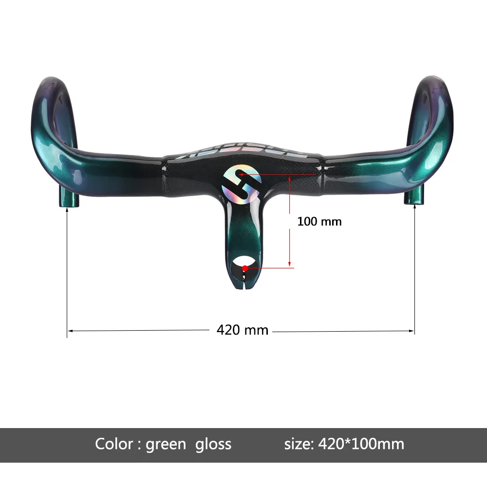 green 420x100mm TOSEEK Глянцевая труба из углеродистого волокна 3K углеродная велосипедная дорога, интегрированый руль велосипеда стволовых 28,6X400/420/440-100 мм - Цвет: green 420x100mm