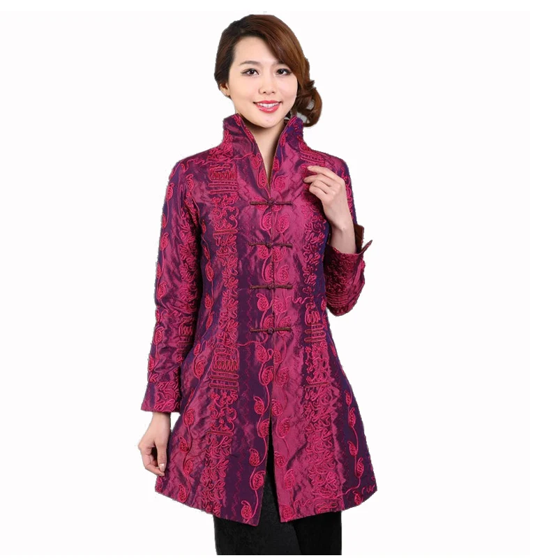 

Purple Chinese Style Women Silk Satin Jacket Embroidery Coat Autumn Winter Windbreaker Tang Suit Top Plus Size 4XL 5XL T045