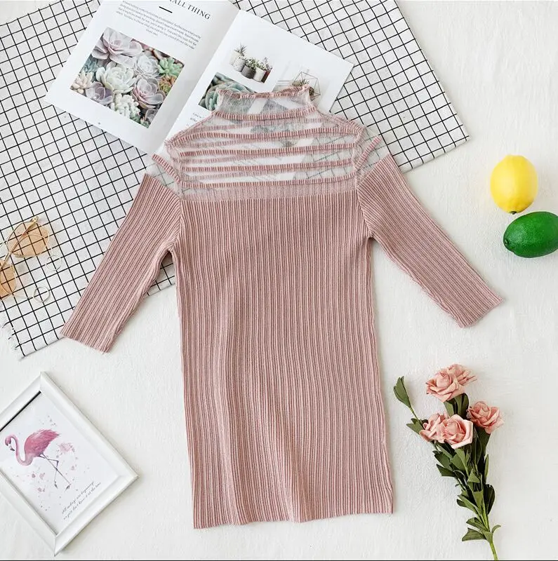 pink Лоскутная сетчатая водолазка, вязанные однотонные тонкие футболки с коротким рукавом для девочек, вязаные большие эластичные футболки, топы, футболки для женщин - Цвет: pink