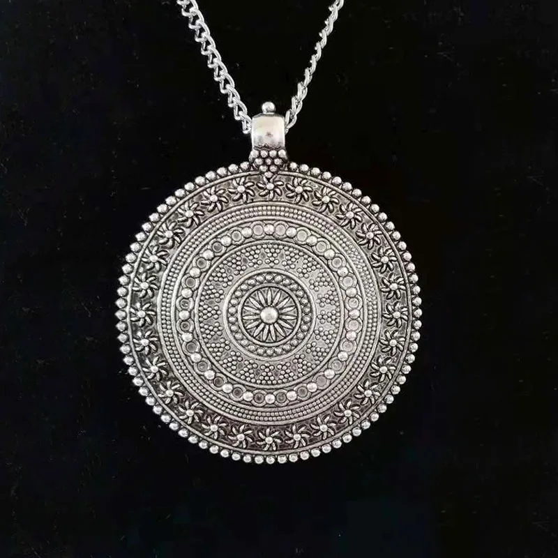 ZXZ большой серебряный эффектный абстрактный, металлический Boho круглый цветок медальон-подвеска на длинной цепочке ожерелье Lagenlook 34"