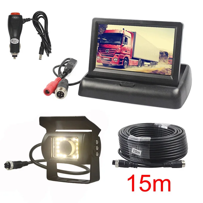 15m SMALUCK DC12V-24V, 4,3 дюймов, автомобильный монитор заднего вида, водонепроницаемый, ПЗС, светодиодный, ночное видение, для автобуса, грузовика, камера, бесплатное автомобильное зарядное устройство - Название цвета: 15m