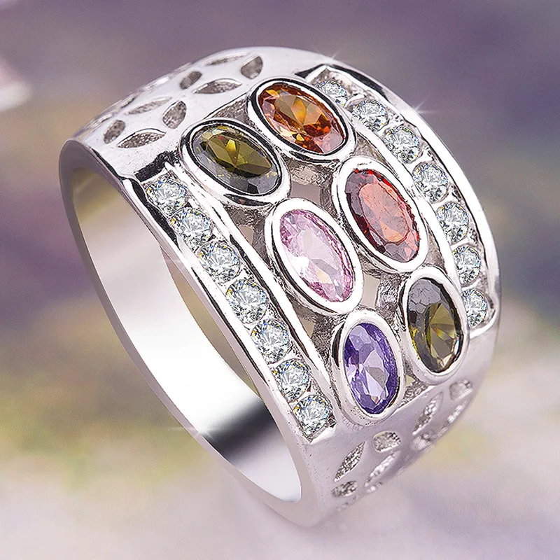 Загадочное женское Радужное Овальное Кольцо Boho 925 Серебро CZ камень кольцо на