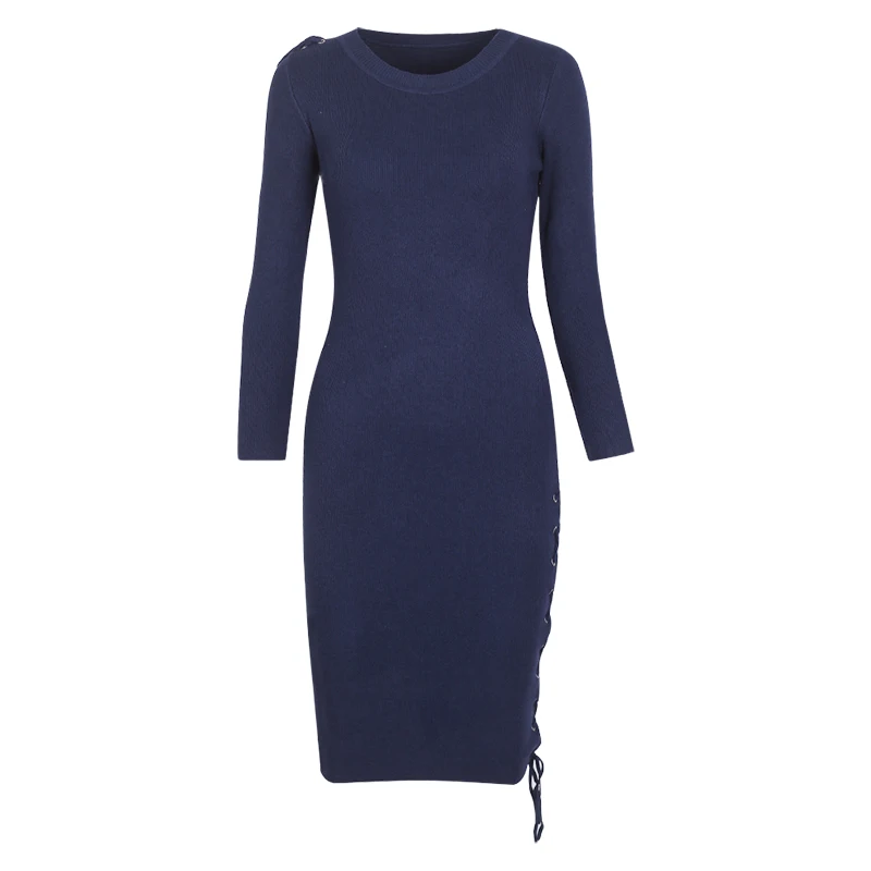 Navy Blue Wixra, зима, весна, женское Облегающее вязаное платье с длинным рукавом, женское облегающее Платье До Колена, с круглым вырезом, на шнуровке, платья для женщин - Цвет: Navy Blue
