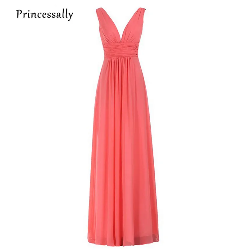 coral Vestido De Noiva элегантное платье для невесты длинное Коралловое с глубоким v-образным вырезом плиссированное платье свадебное платье простое Формальное женское платье для выпускного - Цвет: coral