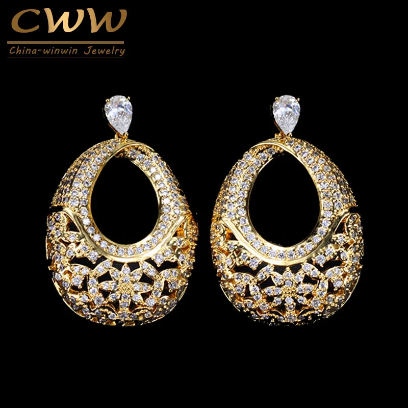 gold color CWWZircons Micro Pave CZ циркония камень желтое золото Цвет Винтаж для женщин Висячие серьги высокое качество Свадебная вечеринка ювелирные изделия CZ031 - Окраска металла: gold color