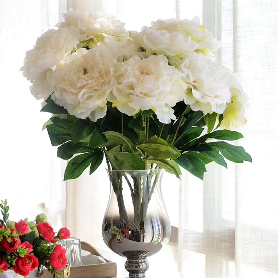 Natural Lifelike 5 Heads Artificial Flower Hydrangea Peony Bridal Bouquet Silk For DIY Home Party Decor with Green leaf | Дом и сад