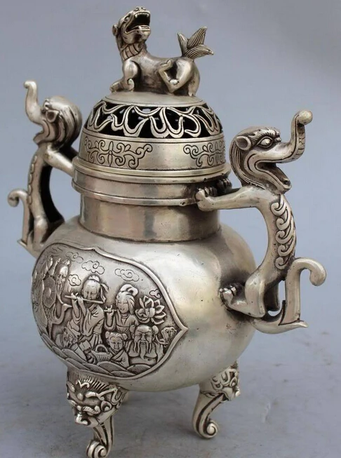 decoration bronze factory outlets Tibet Silver 15&quotMarked Chinese 8 god Eight immortal Dragon Lion Beast Incense Burner | Дом и сад