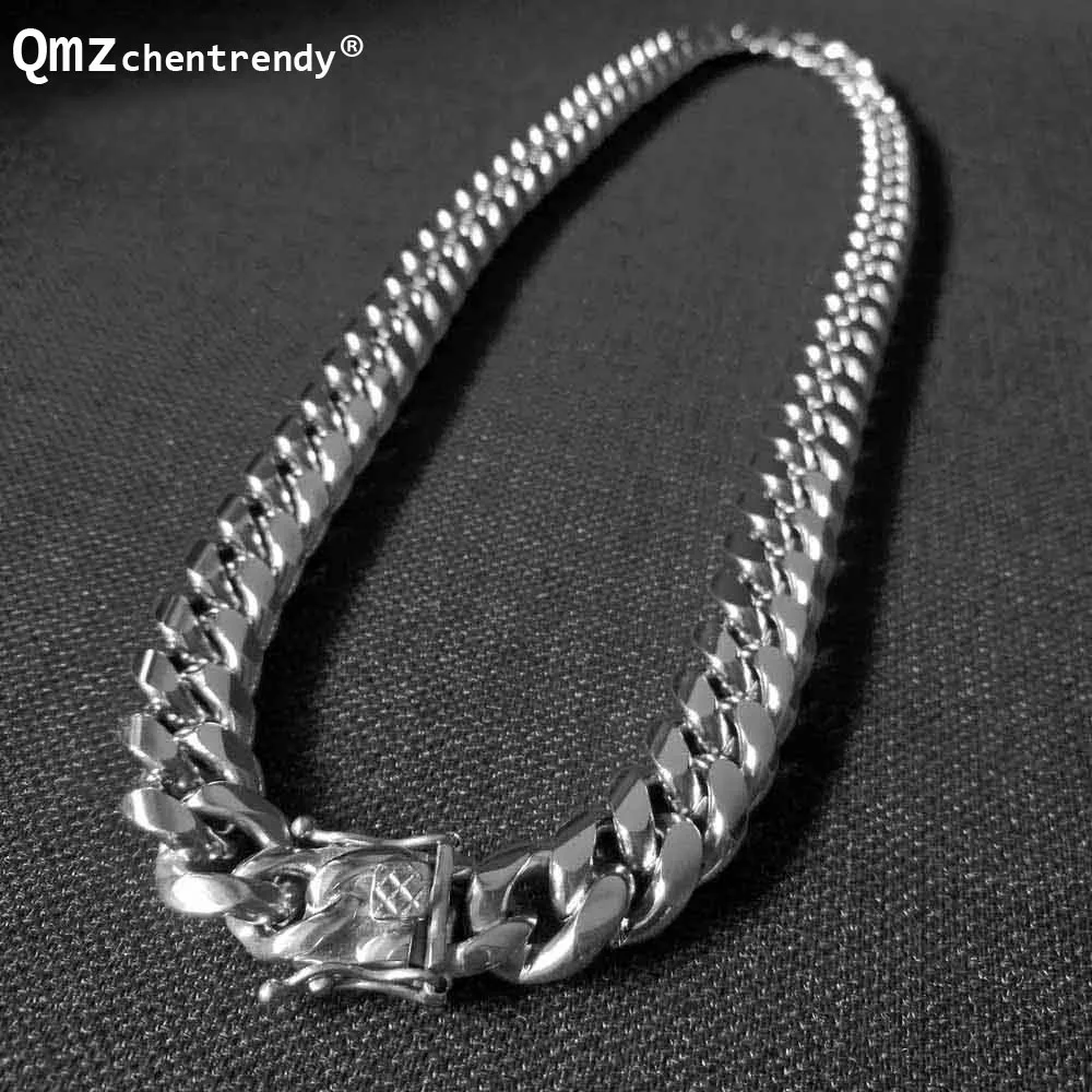 Qmzchentrendy 14mm Stainless Steel Polishing Gold Silver Plated Curb Cuban Chain Necklaces Boy Hip hop Dragon Clasp Men jewelry