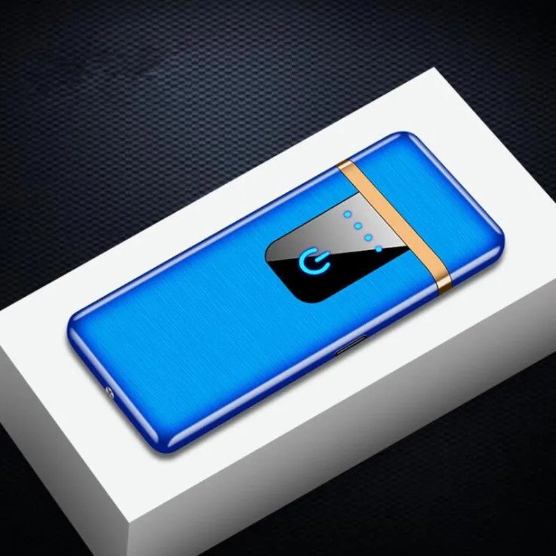 Новая ультратонкая сигарета с зарядкой от USB Зажигалка с сенсорным экраном Электронная Зажигалка Ветрозащитная беспламенная электрическая зажигалка для мужчин подарок - Цвет: Синий