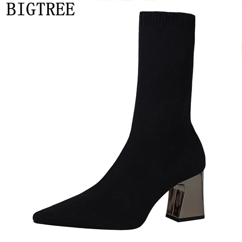 Ботинки женские на толстом каблуке вязаная обувь Bigtree ботильоны высоком