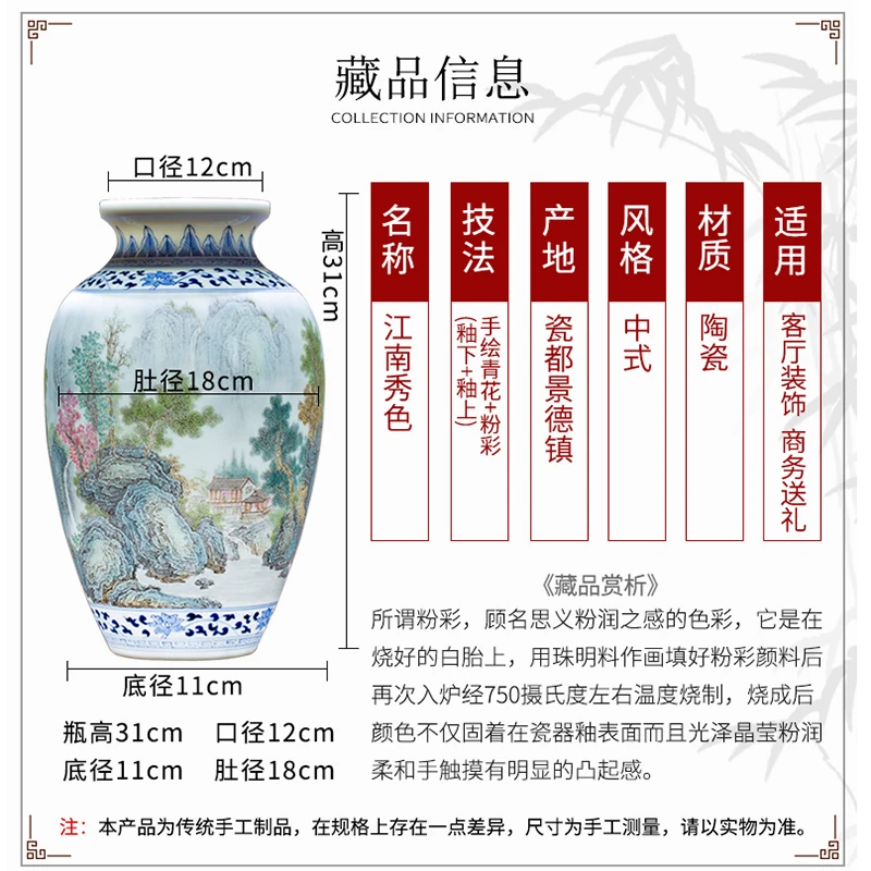 Ваза Jingdezhen Master ручная роспись сине-белая фарфоровая пейзажная живопись ваза