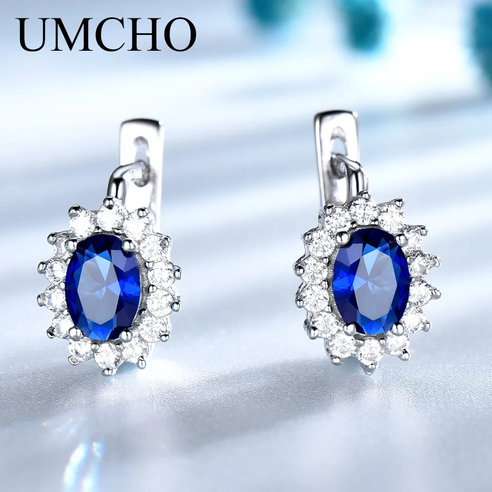 UMCHO Твердые 925 пробы серебряные драгоценные камни клипсы для женщин синий Сапфир ювелирные украшения свадьба обручение подарок на день Святого Валентина