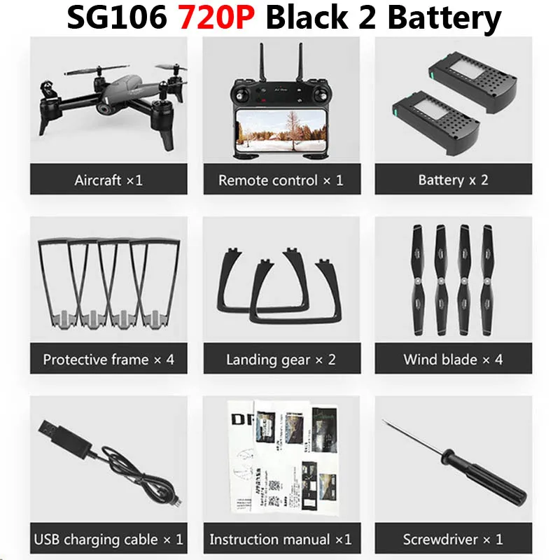 Black 720P 2Battery Дрон SG106 с двойной камерой 1080P 720P 4K WiFi FPV в режиме реального времени воздушная видео широкоугольный оптический поток RC Квадрокоптер вертолет игрушки - Цвет: Black 720P 2Battery