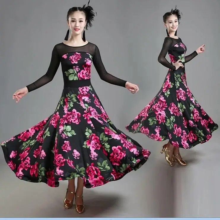 Rose Print 4 цвета женское бальное платье для танцев современный танцевальный костюм для соревнований женский Вальс Танго фокстрот платья для квикстепа - Цвет: Rose Print