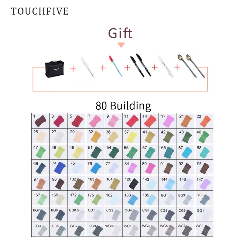 80 BUILDING TouchFIVE 20 Вт, 30 Вт/40/60/80 Цвет маркеры манга рисунок Маркеры Ручка на спиртовой основе эскиз жирной двойной кисть товары для рукоделия - Цвет: 80 BUILDING