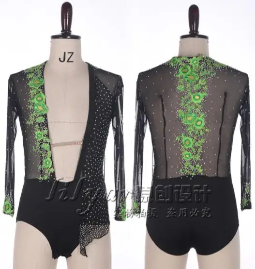 black Men boy ballroom Latin body shirt V neck long sleeve rhinestone flower | Тематическая одежда и униформа