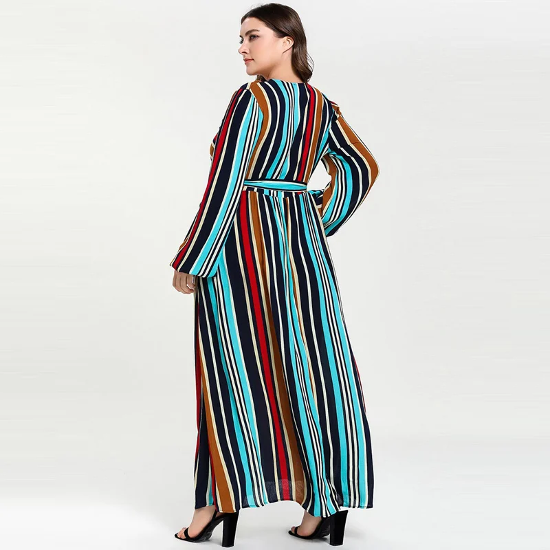 Женское длинное платье макси в разноцветную полоску с поясом фонариком Abaya