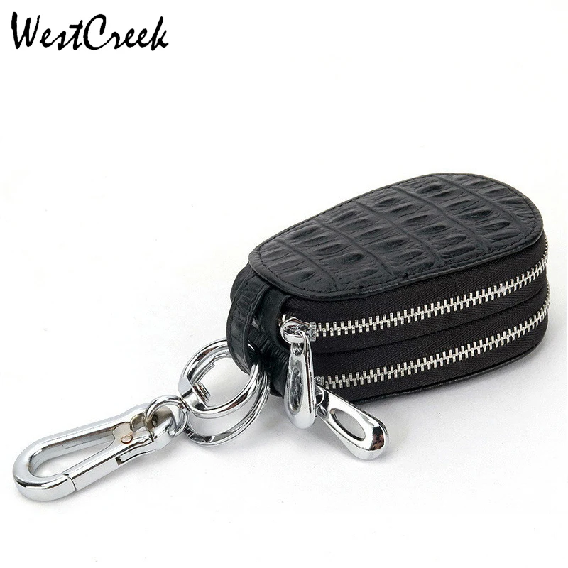 

WESTCREEK Brand Casual Double Zippers Man Housekeeper Car Key Wallets Genuine Leather Arc Key Holders Alligator Women Key Bag