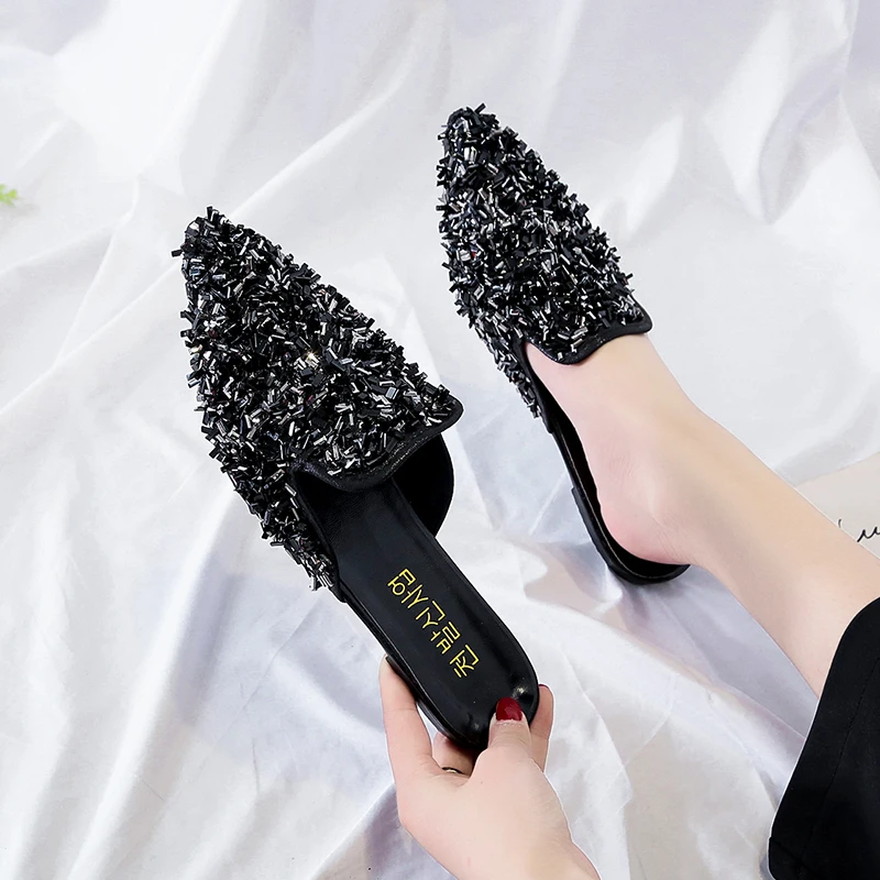 Мюли Aphixta женские со стразами сандалии с заостренным носком плоская подошва