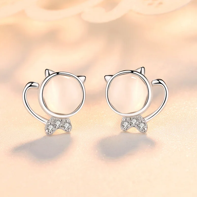S925 sterling silver earrings small fresh cute micro-inlaid zircon opal kitten women's gift | Украшения и аксессуары