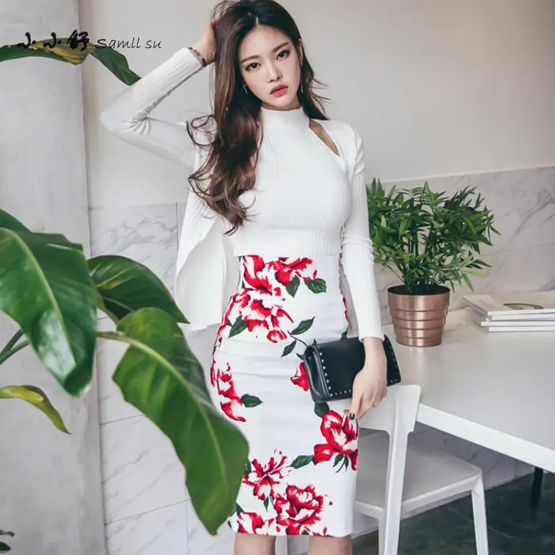 Small Su 2 Pieces Autumn Womens White Knitted Tops Sundress Halter Sexy Party Vintage Bandage Print Pencil Dresses 2017 Vestidos | Женская