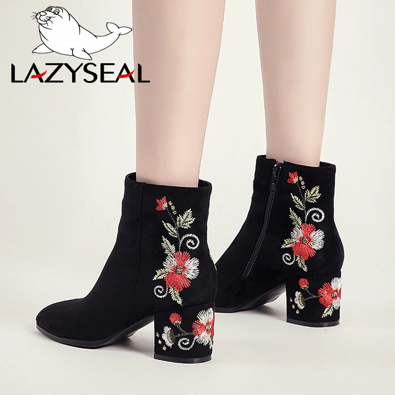 Женские ботинки LazySeal с цветочной вышивкой ботильоны на высоком каблуке черные