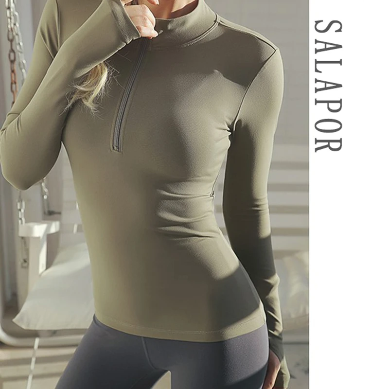 SALSPOR Sexy Women Yoga Top Sport Zipper Long Sleeve Yoga Shirt With Thumb Holes Solid Quick Dry Breathable Gym Fitness Shirt