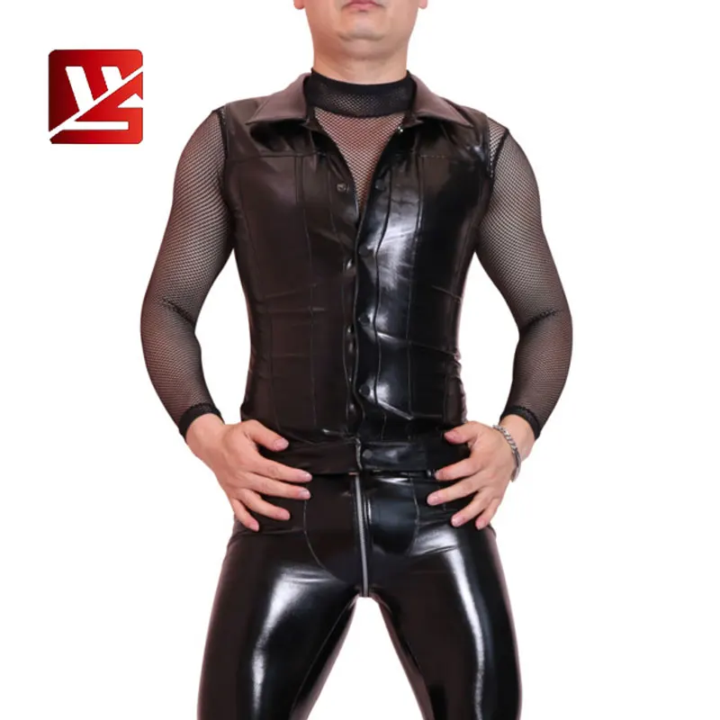 Sexy Men Faux Leather Slim Vest Black PVC Shiny Tank Tops Punk Club Dance Wear Light Standard Cool Wear Male Tees Plus Size NC99