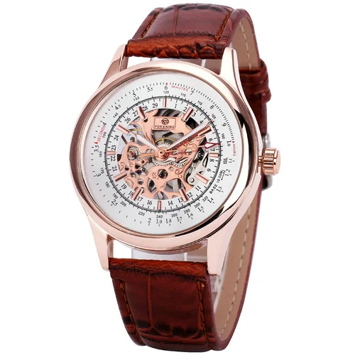 FORSINING, мужские Золотые механические наручные часы с ручным заводом, аналоговый дисплей, роскошные светящиеся часы с кожаным ремешком - Цвет: ROSE GOLDEN WHITE