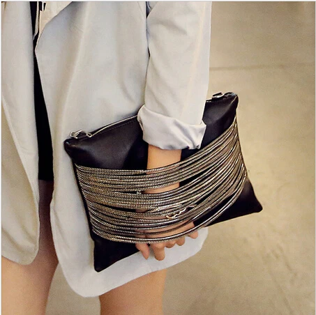 2017 качественный клатч вечерняя сумка черная кожаная на цепочке выше плеча