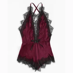 Женское пикантное шелковое кимоно, сиамская комбинация, кружевное белье, ночное белье, боди, Модный комбинезон, комбинезон для взрослых, однотонный черный, красный домашний костюм